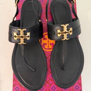 Tory Burch Black Sandals with Gold Emblem